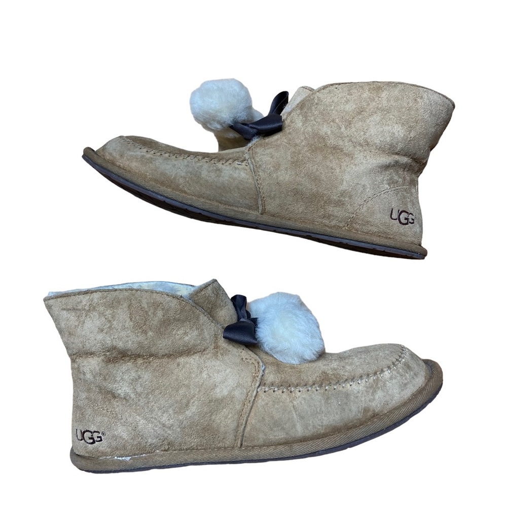 UGG Kallen Suede Leather Slippers Pom Pom Chestnut Womens Size 6